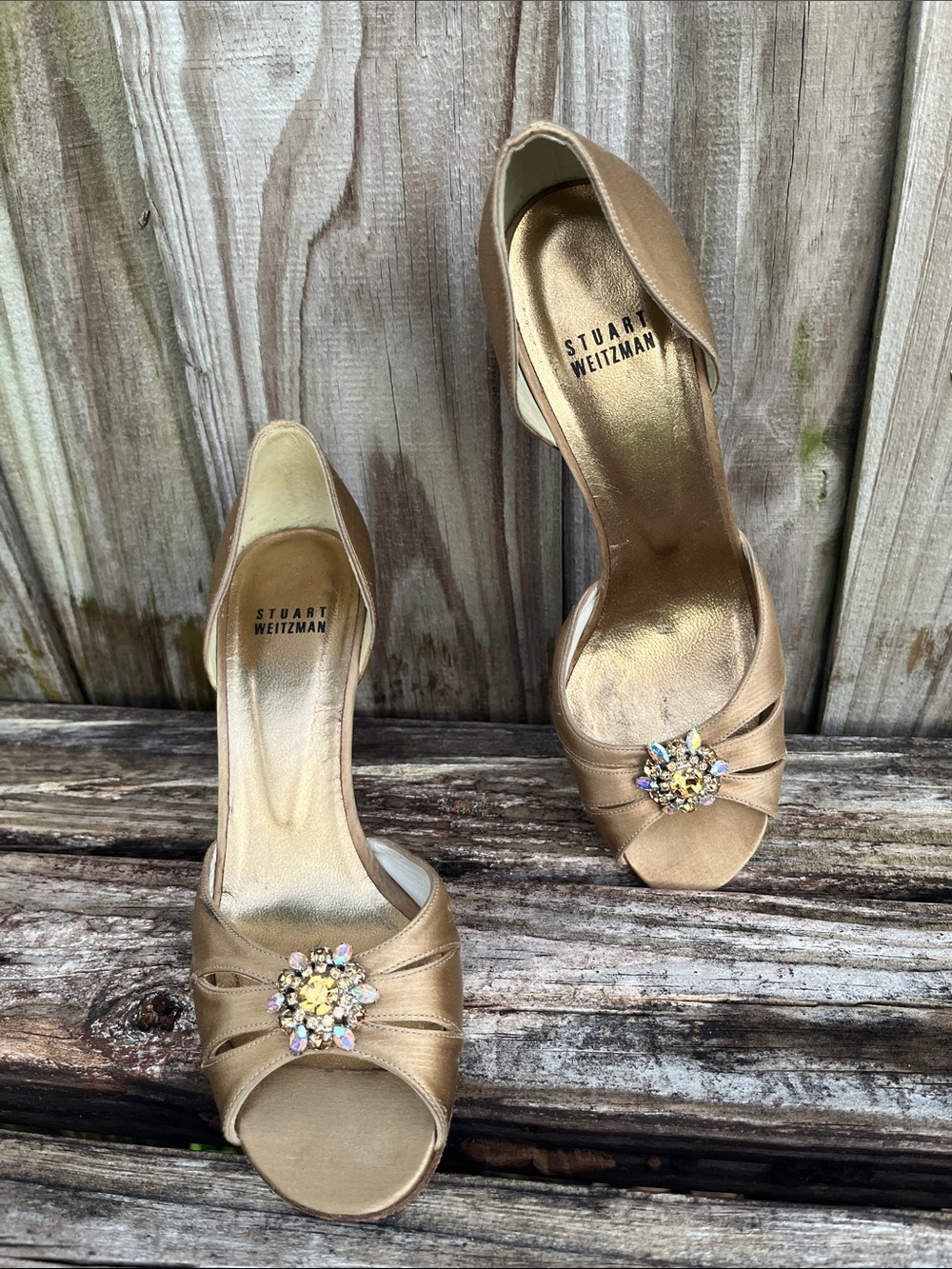 Stuart Weitzman Gold Satin Peep-Toe Heels with Crystal Accent